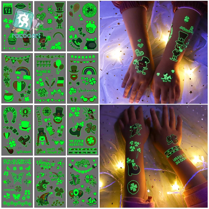 

1Pcs Ireland Four Leaf Clover Luminous Temporary Tattoos Sticker Saint Patrick's Day Fake Waterproof Tatoo For Children Party