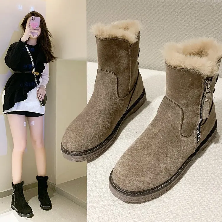 

New Ankle Boots Women Zip Flat Leather Short Plush Winter Shoes Women Warm Ladies Boots Ankle Sewing Fashion Black ShoesWoman