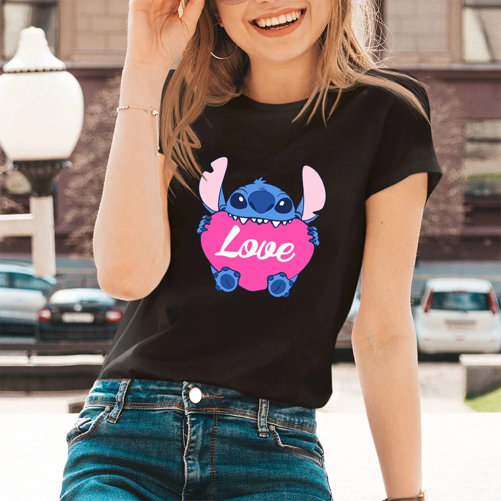 

New T-Shirt Female Disney's Lilo & Stitch Kawaii Pattern Women Tshirts Summer Outdoor Black White Tees Fashion Harajuku T Shirts