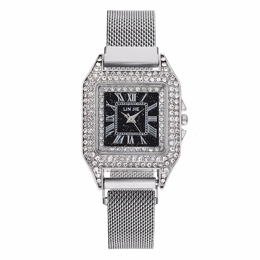 Women Magnet Buckle Square Case Shape Diamond Watch Luxury Ladies Stainless Steel Belt Quartz Watches Gift Clock - Color: silver