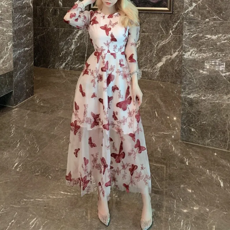 

Autumn Designer Flower Long Dress Women Butterfly Embroidery Mesh O-neck Long Sleeve Dress Female Elegant Party Cute Dresses