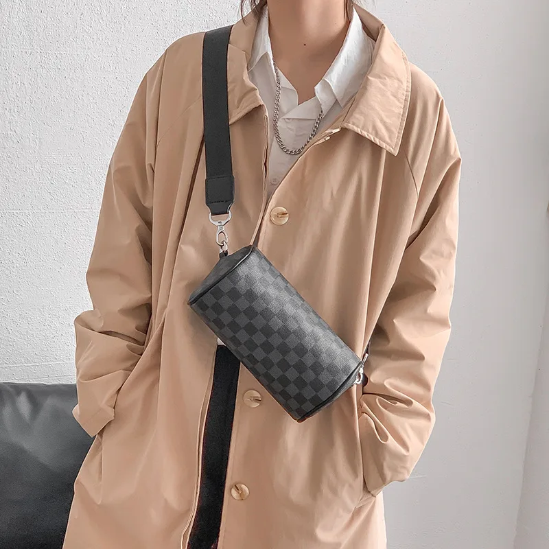 

Luxury Brand Plaid Design Men Crossbody Bags Male Travel Single Shoulder Barrel-shaped Bag Male Phone Key Purse Cylinder Handbag