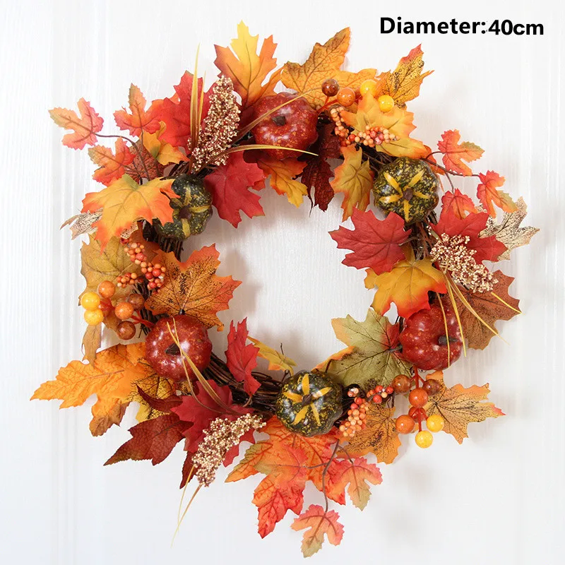 Осенний тематический дверной венок искусственные тыквы ягоды сосна конус клен