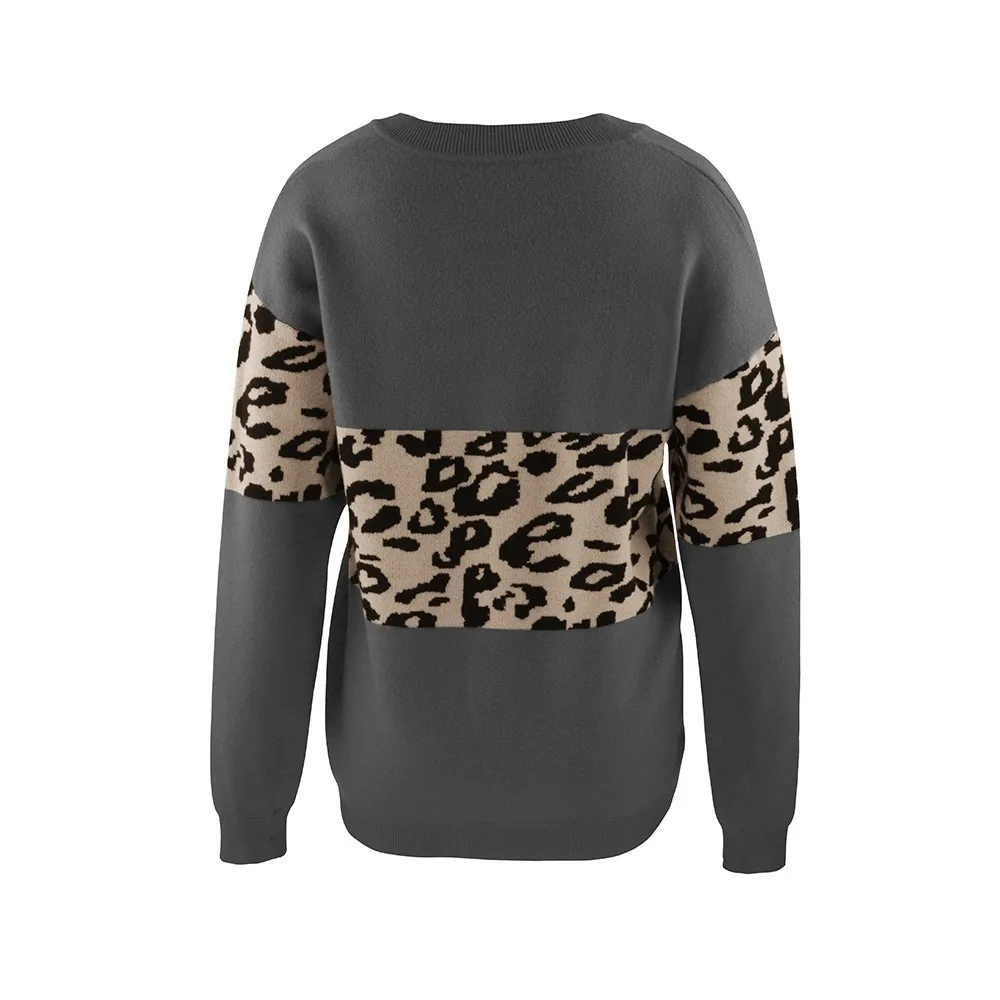 

Womens Casual Long Sleeve Sweater Leopard Print Color Block Loose Pullover Tops Short loose round neck sweater 2020 autumn and