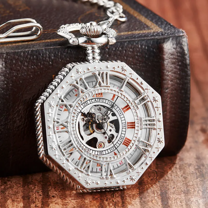 

New Mechanical Pocket Watch men Chain Fashion Silver Octagon Shape Skeleton Carving Men Hand Winding Fob Watches Christmas Gifts