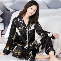 100 real silk pajamas for women print sleepwear ladies full sleeves pijamas luxury black nightwear silk pyjama nighties femme
