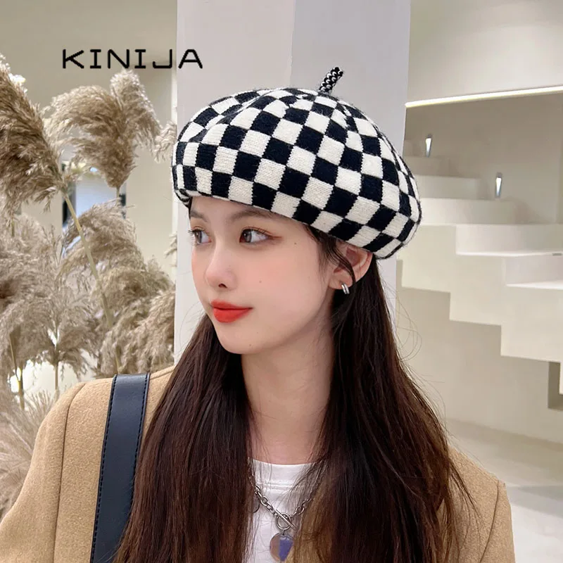 

Winter Beret Hat Black White Checkerboard Plaid Beret Female Korean Painter Hat Japanese Autumn Pumpkin Cap Girl's Boinas Hat