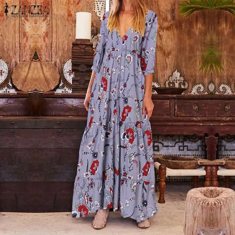 Осенний праздничный сарафан ZANZEA Повседневный 3/4 рукав длинный макси Vestido женский сексуальный v-образный вырез с цветочным принтом богемное женское платье халат