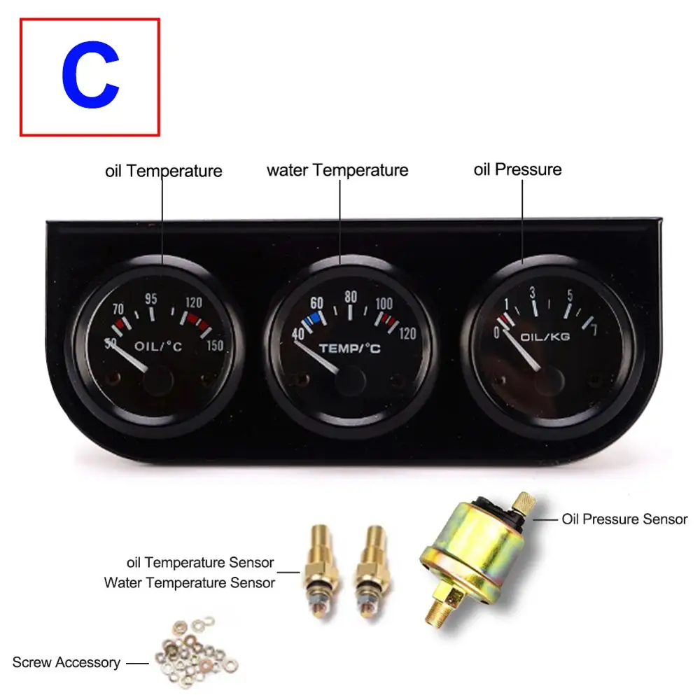 

Car Triple Gauge 52mm Voltage / Water Temp / Oil Press 3-In-1 Kit Meter Volt Meter Oil Temperature Gauge Triple Meter