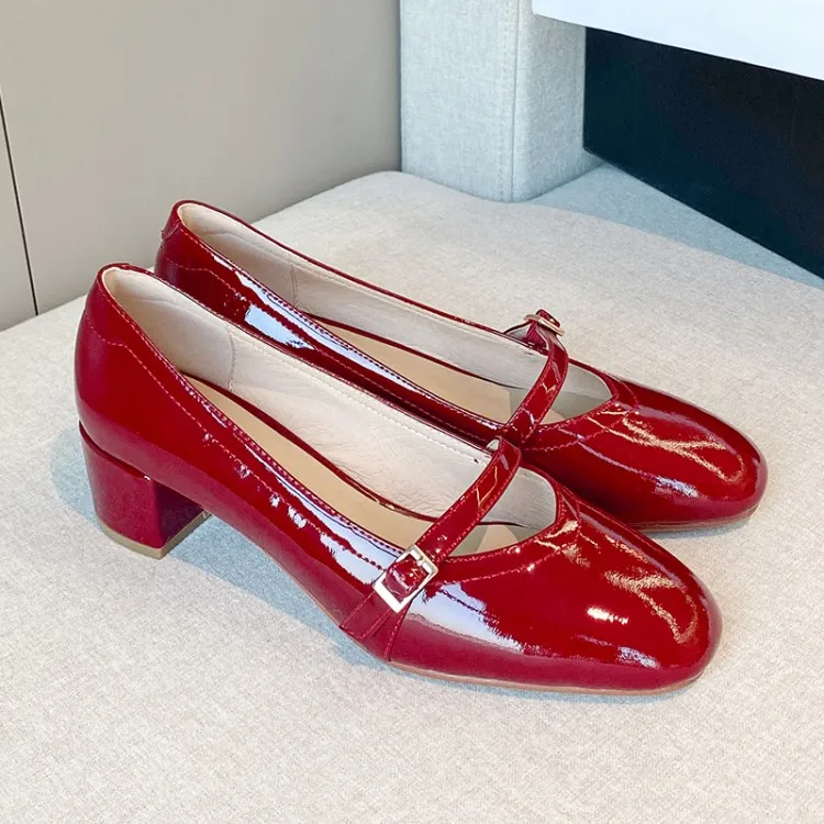 

MLJUESE 2020 women pumps soft cow leather autumn spring square toe red color buckle strap Mary Janes high heels size 40
