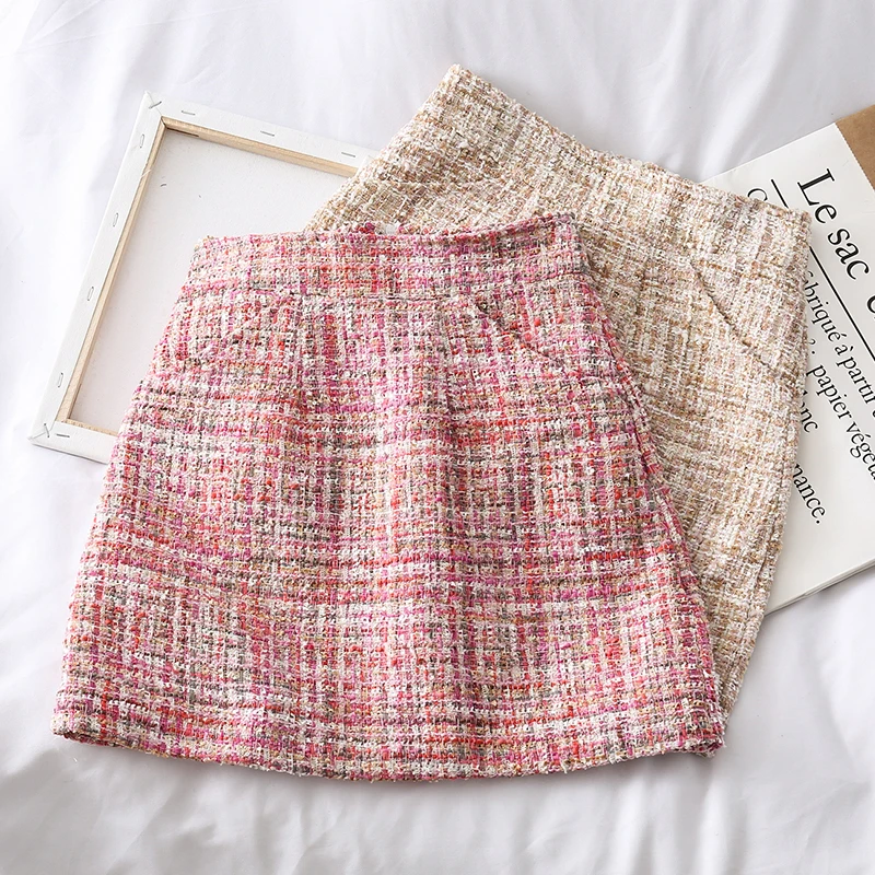 Твидовые вечерние мини юбки Харадзюку с высокой талией в Корейском стиле новинка