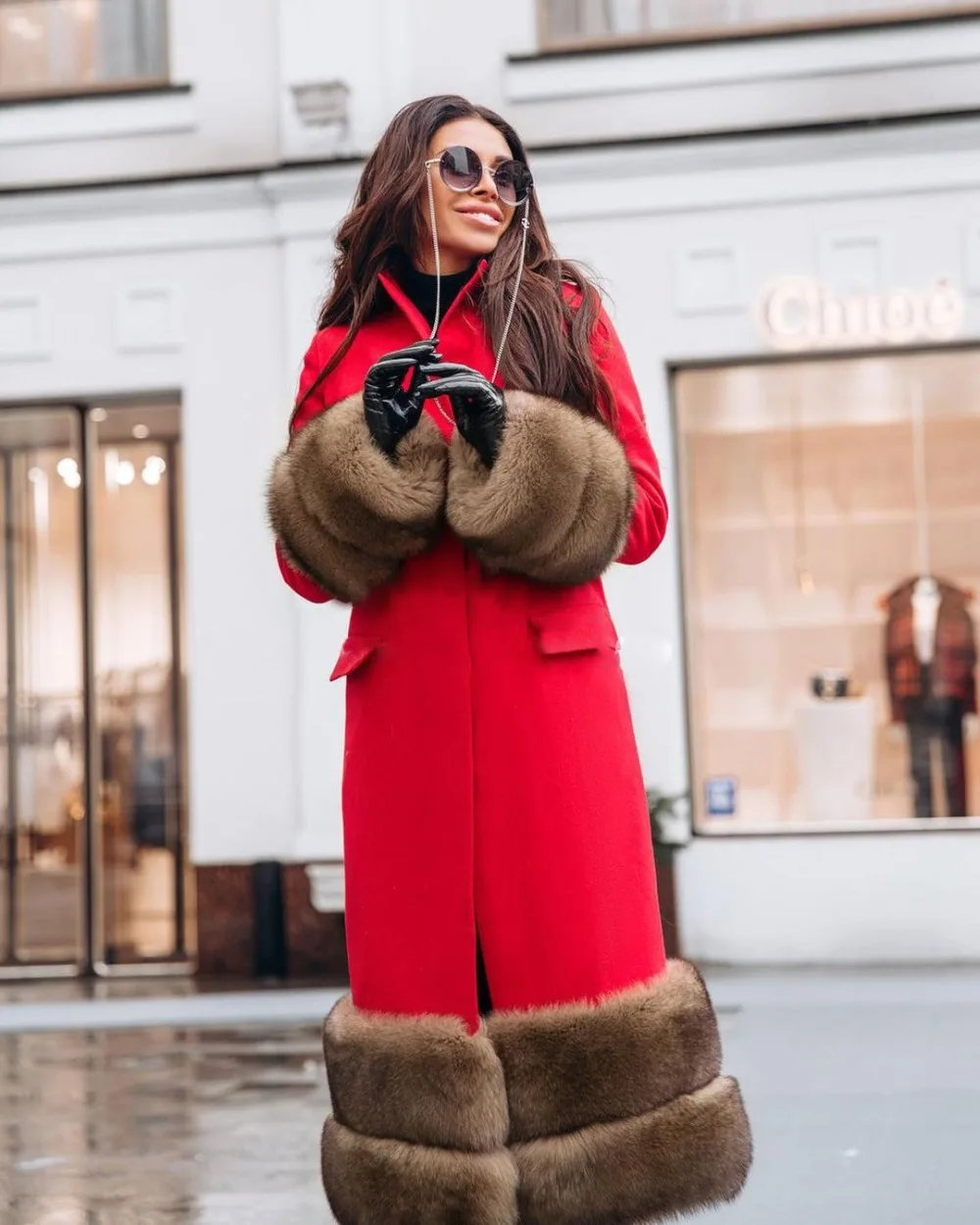 120cm Long Natural Fur Coats For Women Winter Outwear 2022 Trendy Cashmere Coat With Fox Fur Sleeve Cuffs And Bottoms Overcoats
