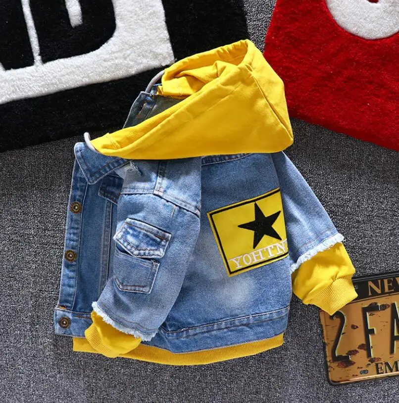 

Spring and Autumn Boy and Girl Fashion Splice Denim Jackets Kids Long Sleeve Jeans Coat Hooded Clothes for 1-6T Children