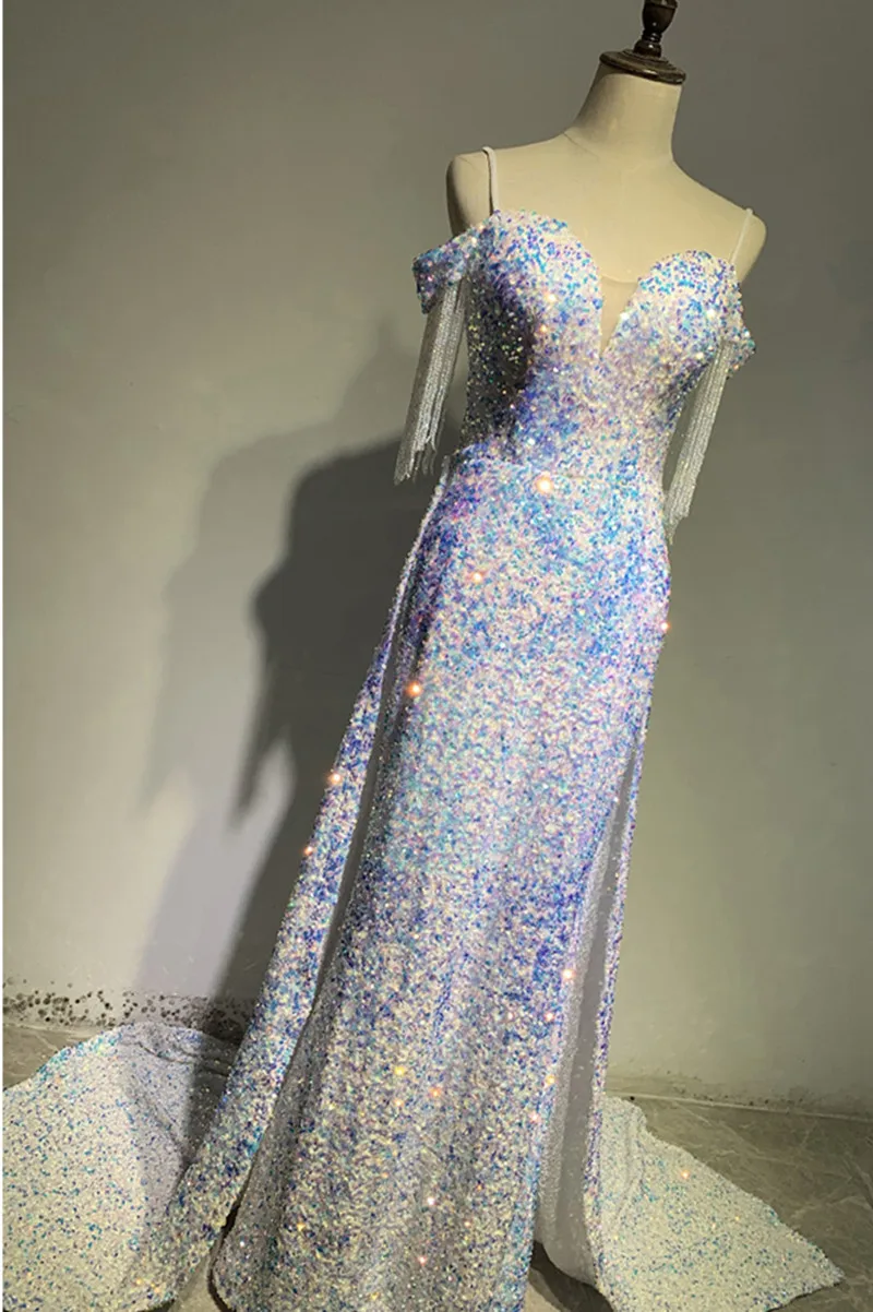 

Sequins Eveing Dresses 2020 Long Mermaid White Sweatheart Dressing Gown For Girls Beading Off Shoulder Sweep Train robe LE40769