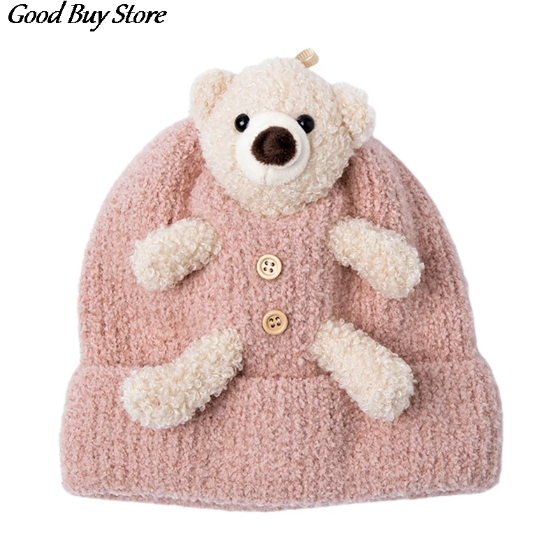 Теплая шапка бини Lovely Bear для осени и зимы Детская Вязаная Мягкая однотонная Милая