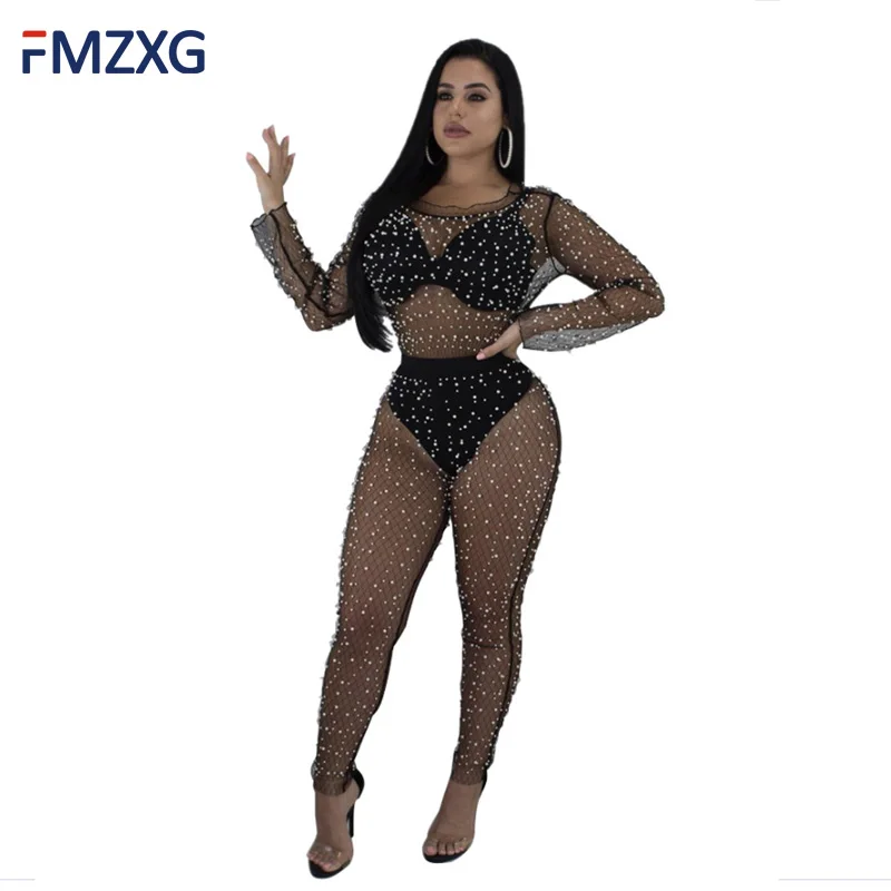 Женский сексуальный сетчатый комбинезон с бусинами для вечеринок вырезами 2018