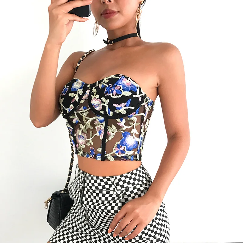 

Women Sling Sleeveless Sexy Slim Retro Embroidery Webbing Stitching Mesh Fashion Tank Tops Female Fashion Summer 2021 New