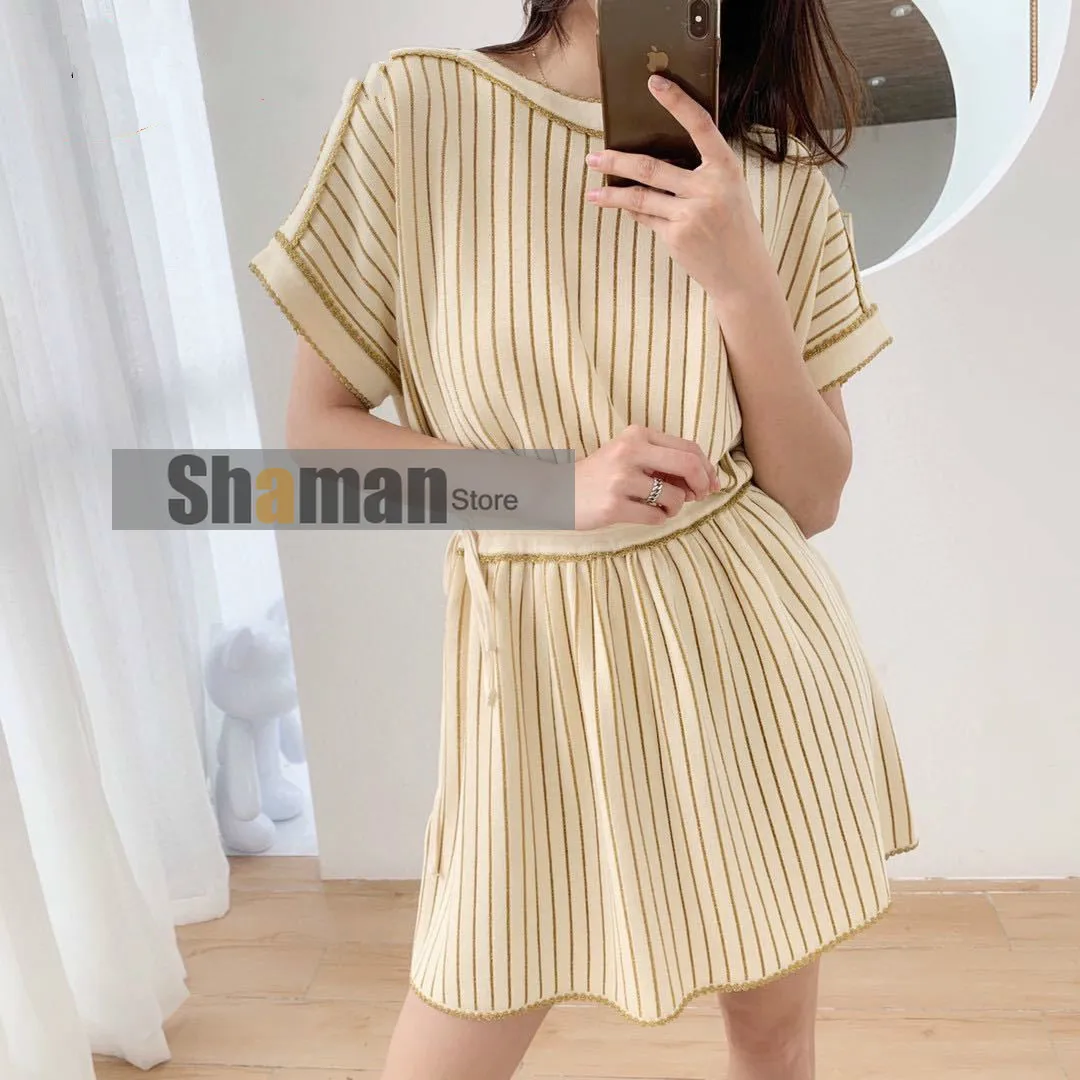 

luxury designer 2021 Spring New High-End branded Gold Lines Striped Cream-Color Collar High Waist knitted party woman dress