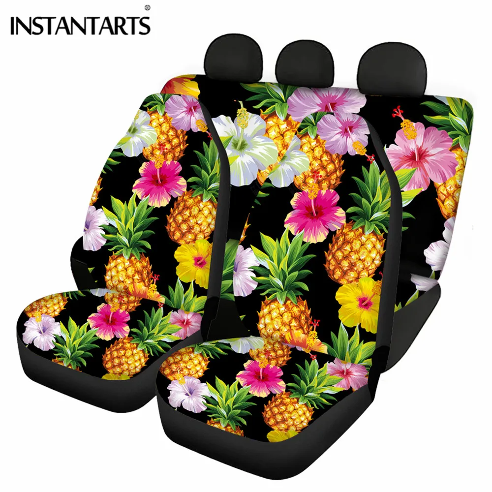 

INSTANTARTS Hawaii Hibiscus Floral Pineapple Print Front&Rear Seat Cover Trend Protector Cover Cushion Pad Mat for Auto Supplies