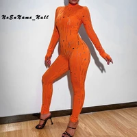 knitted hollow out jacquard jumpsuit women y2k long sleeve one piece pants for womens fashion temperament tight pants bodysuit