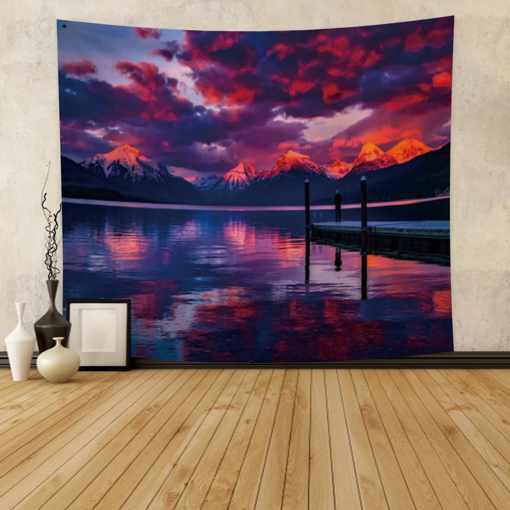 

Laeacco Fashion Tapestry Vast River Mountain Purple Red Sunset Landscape Wall Hangings Modern Home Living Room Decor Polyester
