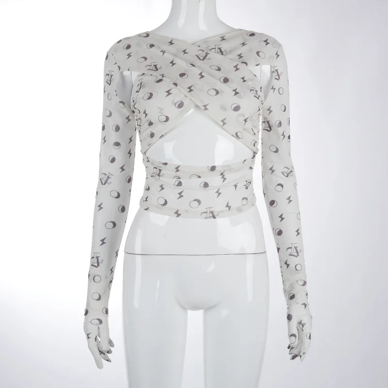 

Fashion Sexy Slim Fit Top Women's T-shirts Printed With Mesh Hollowed Out Gloves Irregular Collar T-shirt Romance Club Basic