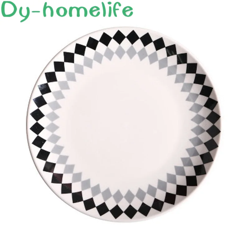 

8-inch Diamond-shaped Checkered White Round Ceramic Plate Family Kitchen Tableware Restaurant Bone China Western Steak Plate