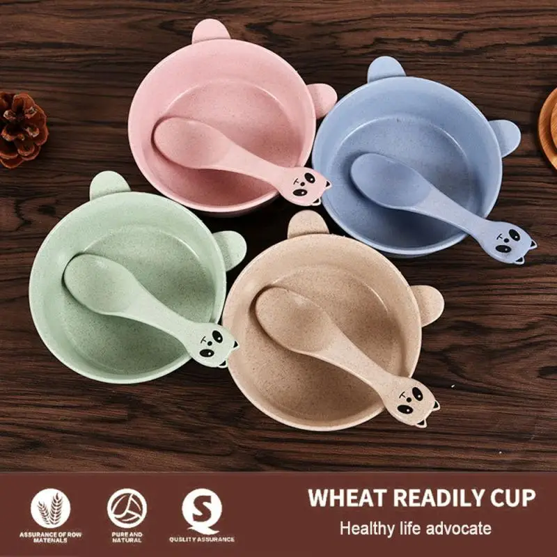 

2pc/set Baby tableware feeding food cartoon panda big ear rabbit wheat straw baby tableware set training bowl