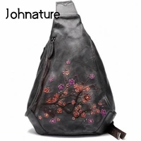 johnature retro chest bag cow leather crossbody bags for women 2021 new handmade embossed fashion floral lady messenger bag