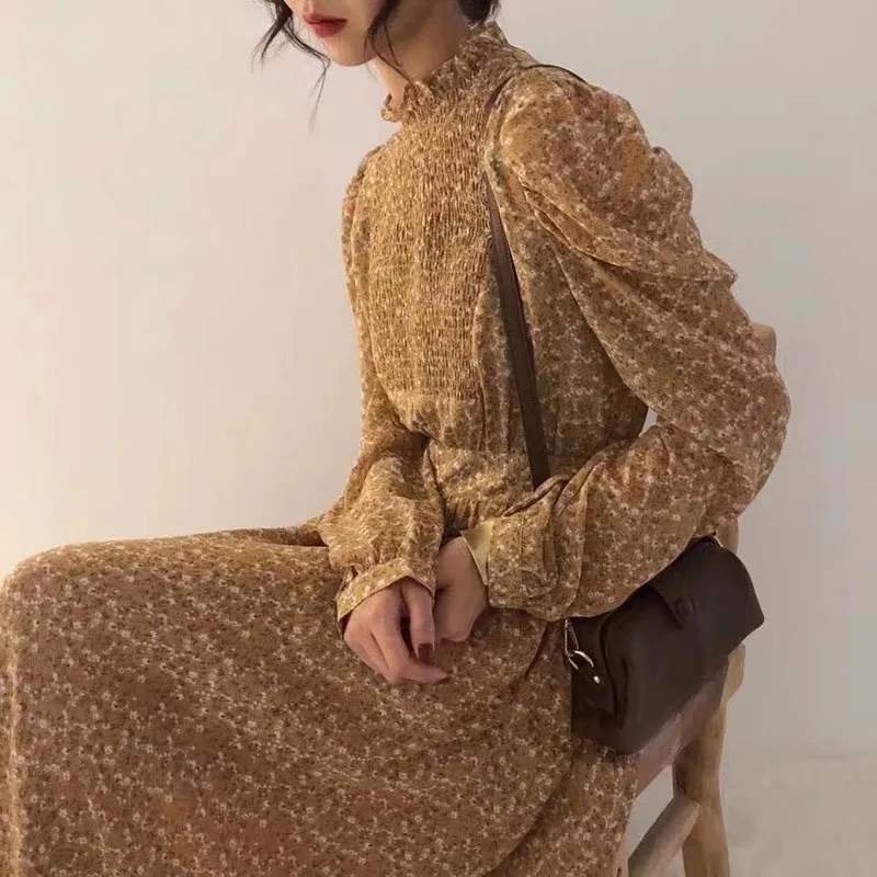 

Women Casual Autumn Dress Lady Korean Style Vintage Floral Printed Chiffon Shirt Dress Long Sleeve Midi Summer Dress Vestido
