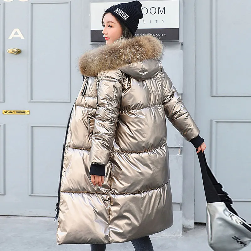 Lusumily Модные женские пуховики зимние длинные меховые воротники блестящие