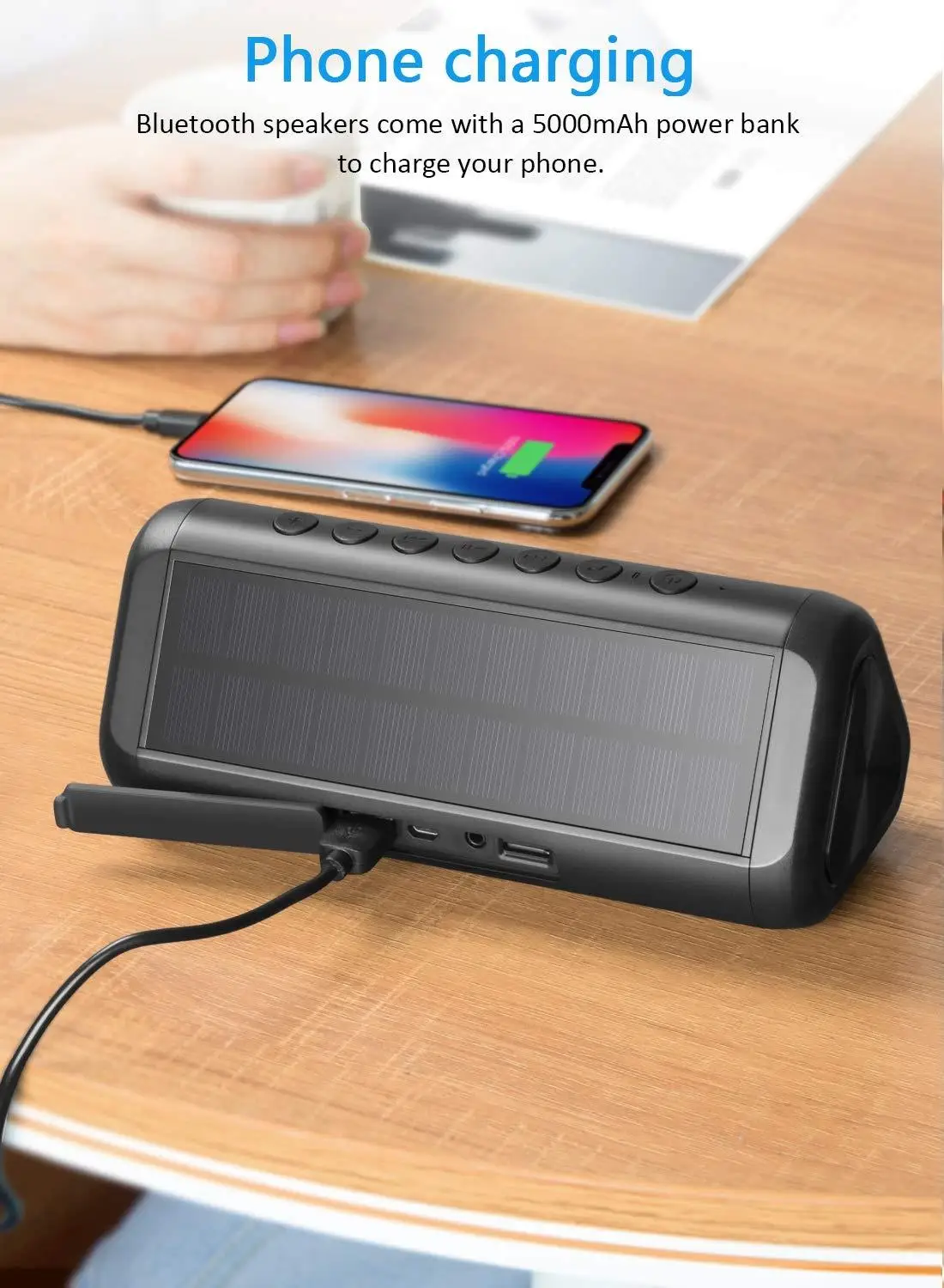 Портативный Bluetooth динамик на солнечной батарее с внешним аккумулятором 5000 мАч