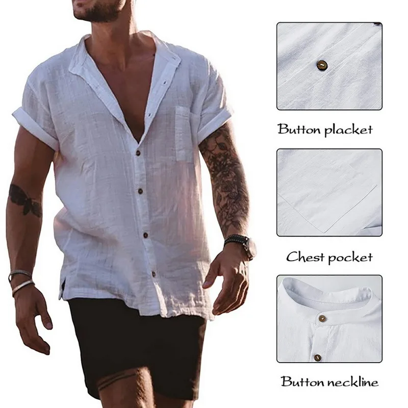 

2021 Casual Men's Linen Cotton Solid Color Shirt Summer Short Sleeve Loose Tops Male Fashion Turn-down Collar Button Shirts