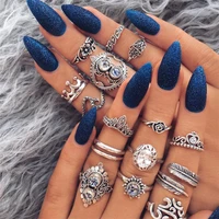 16pcsset bohemia vintage hand heart shaped crown leaf carved rings sets knuckle rings for women jewelry
