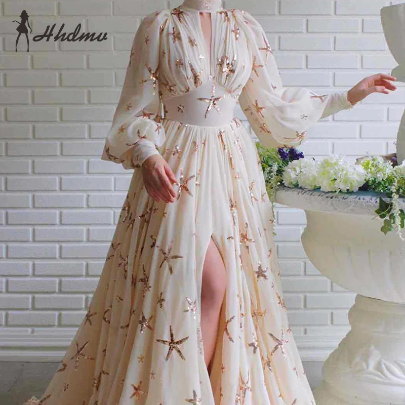 Женское платье макси с блестками элегантное длинным рукавом высокой талией