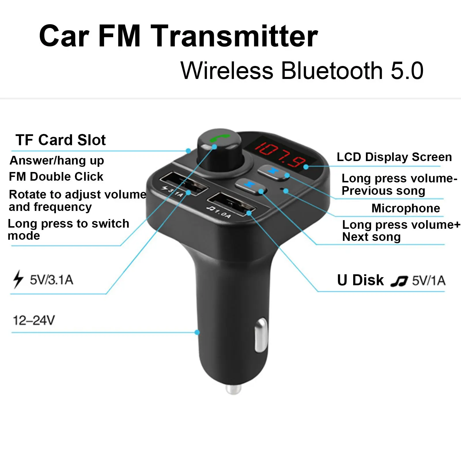 Автомобильный FM-передатчик 1 шт. беспроводной Bluetooth 5 0 радио с громкой связью