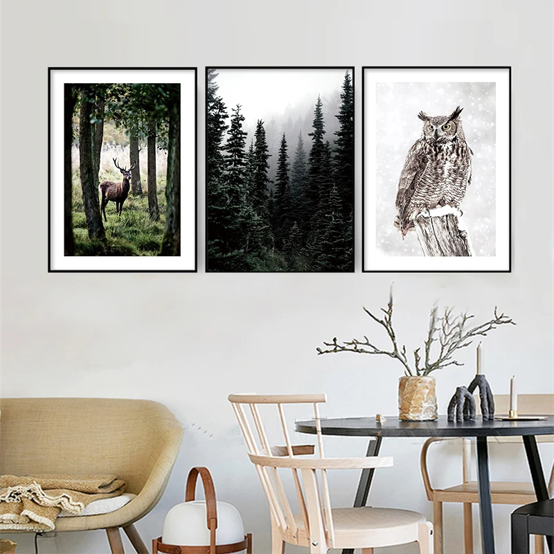 

Canvas Poster Art Print Wall Pictures Winter Snow Forest Deer Owl Sunlight Landscape Painting Nordic Morning Scenery Home Decor