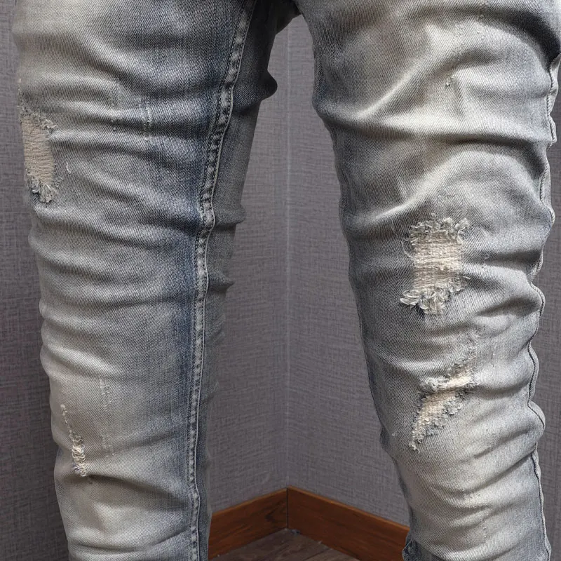 Italian Style Fashion Men Jeans Retro Light Gray Blue Elastic Slim Ripped Jeans Men Vintage Designer Denim Pants Street Trousers