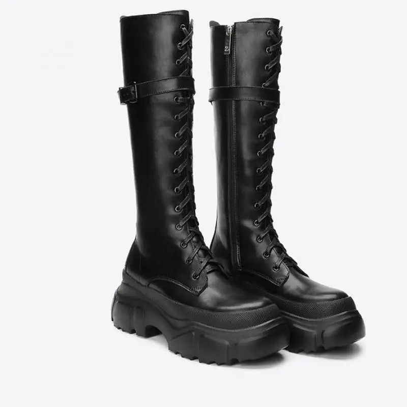 

2021 Winter Black Thick-soled Knight Boots Women Lace-up Martin Boots Knee High Boots Height Increasing Boot Street Style Botas