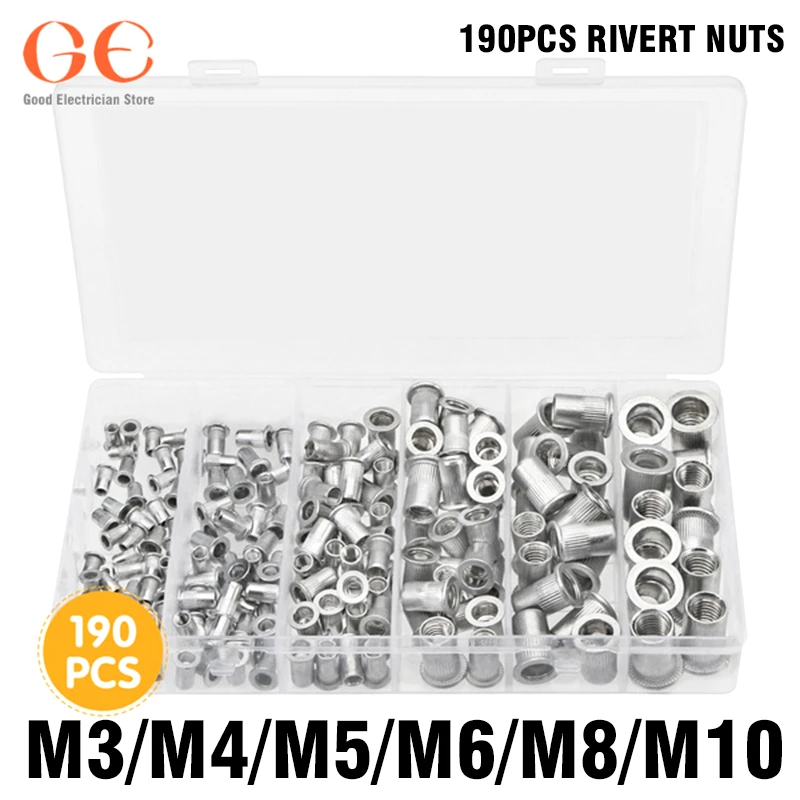 

190PCS Flat Head Rivet Nut Zinc Plated Aluminum Metric Thread Blind Insert Rivnut Nutsert Screw M3/M4/M5/M6/M8/M10bolt and nut