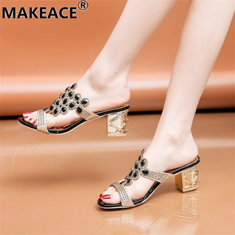 

Summer Slippers 2021 New Rhinestone High-heeled Women Sandals Fashionable Open-toed Platform Shoes Party Fashionable Slippers