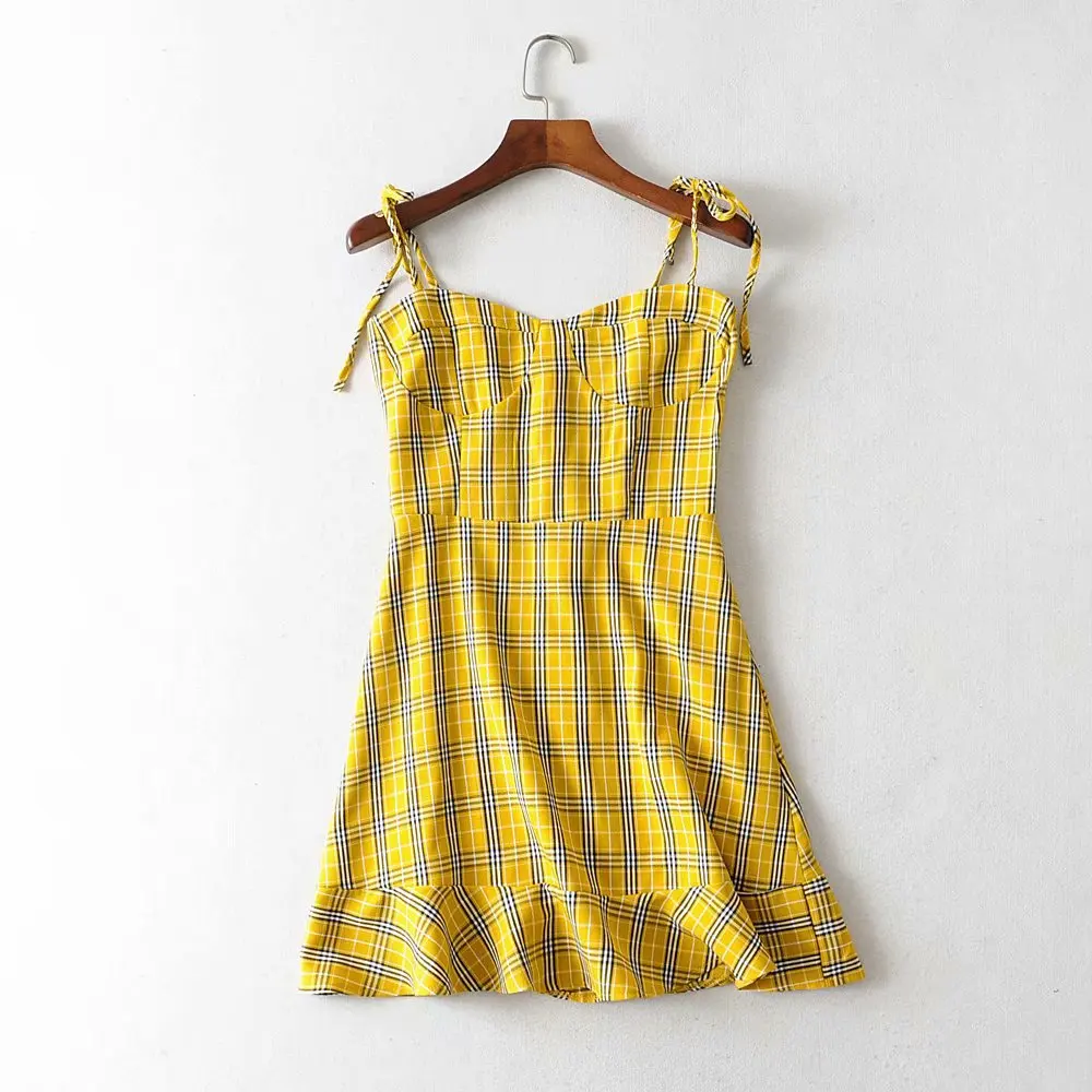 

Summer Trendy Sexy Lattice Printed Ruffles Dresses Above Knee Sweety Dress Women Plaid Elastic Back Lace-up Slim Suspender Dress