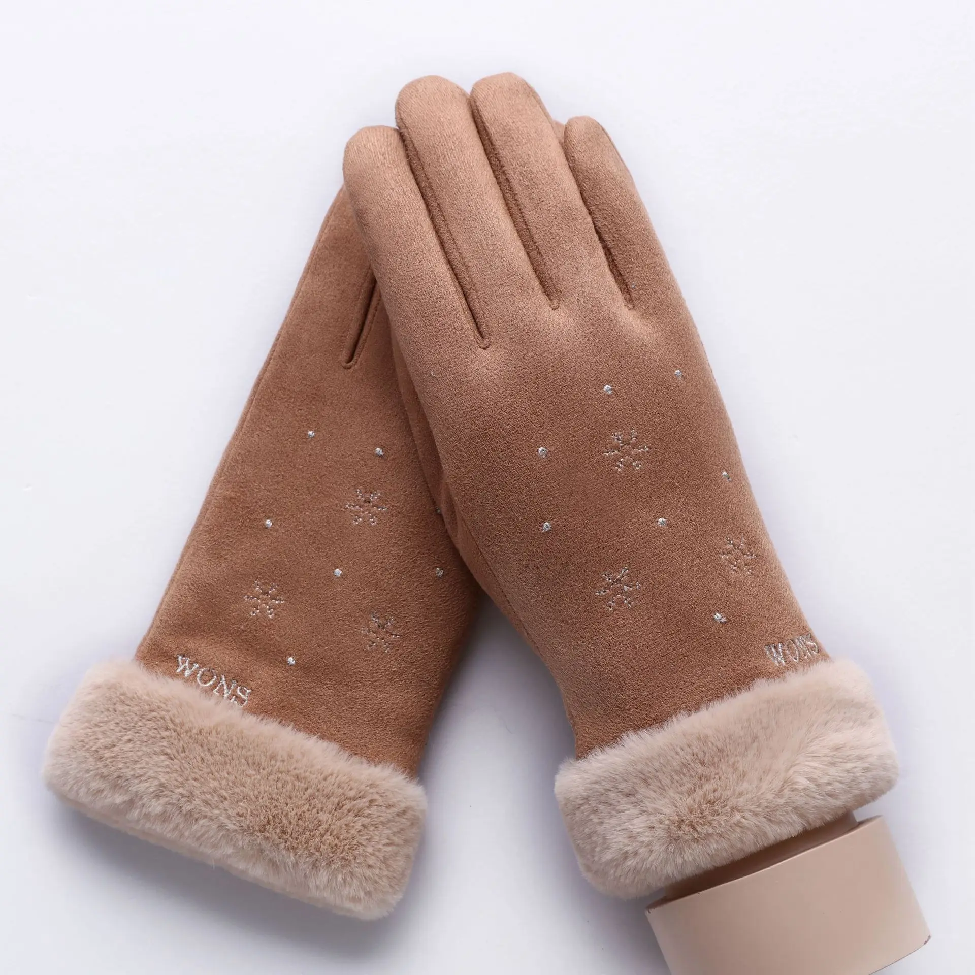081E-Hua-Khaki Sparsil женские замшевые перчатки с сенсорным экраном, зимние двухслойные меховые варежки, теплые модные перчатки с вышивкой в виде снежинки для улицы - Цвет: 081E-Hua-Khaki