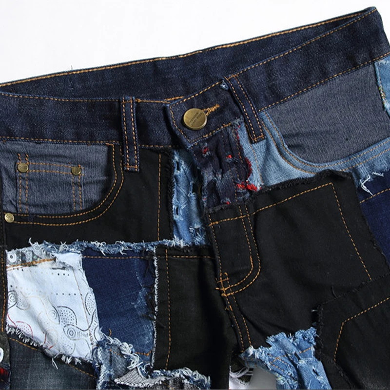 

Men's Patchwork Spliced Ripped Denim Jeans Male Fashion Slim Colored Patch Buttons Fly Straight Pants 2020 New Harajuku