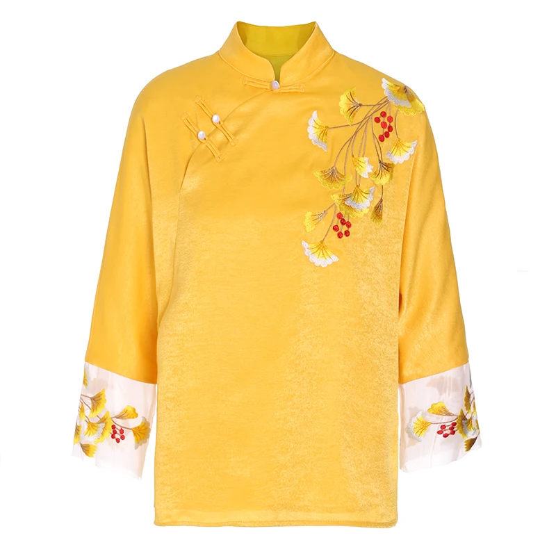 Женская блузка с вышивкой желтая воротником-стойкой | одежда