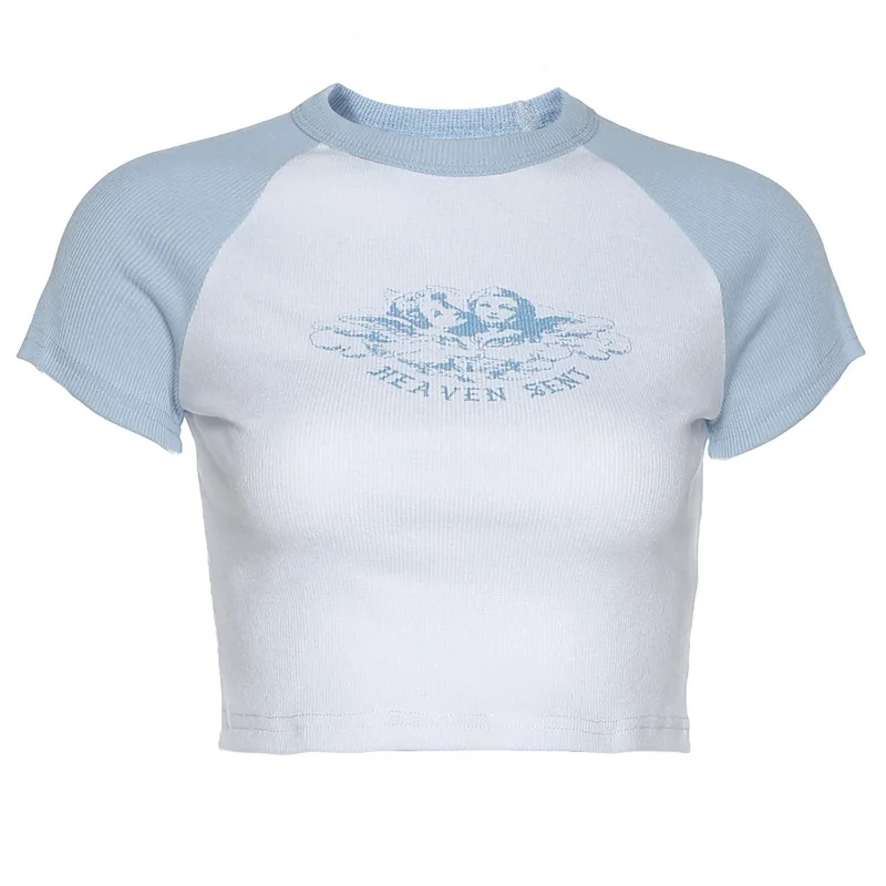 

Casual Angel Print Short Sleeve Patchwork Crop Top 2021 Summer Women Sexy Skinny T shirt Female Streetwear Tee Tops