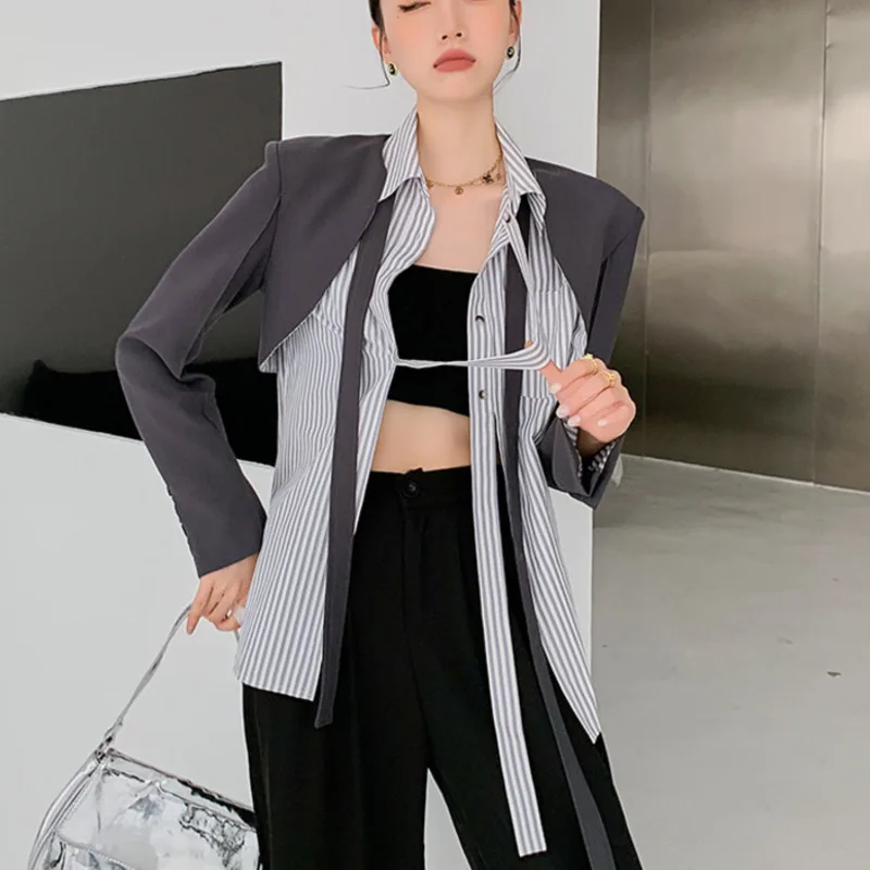 

Женская свободная рубашка в полоску, повседневная однобортная рубашка составного кроя с отложным воротником и длинным рукавом, весна-осень 2022