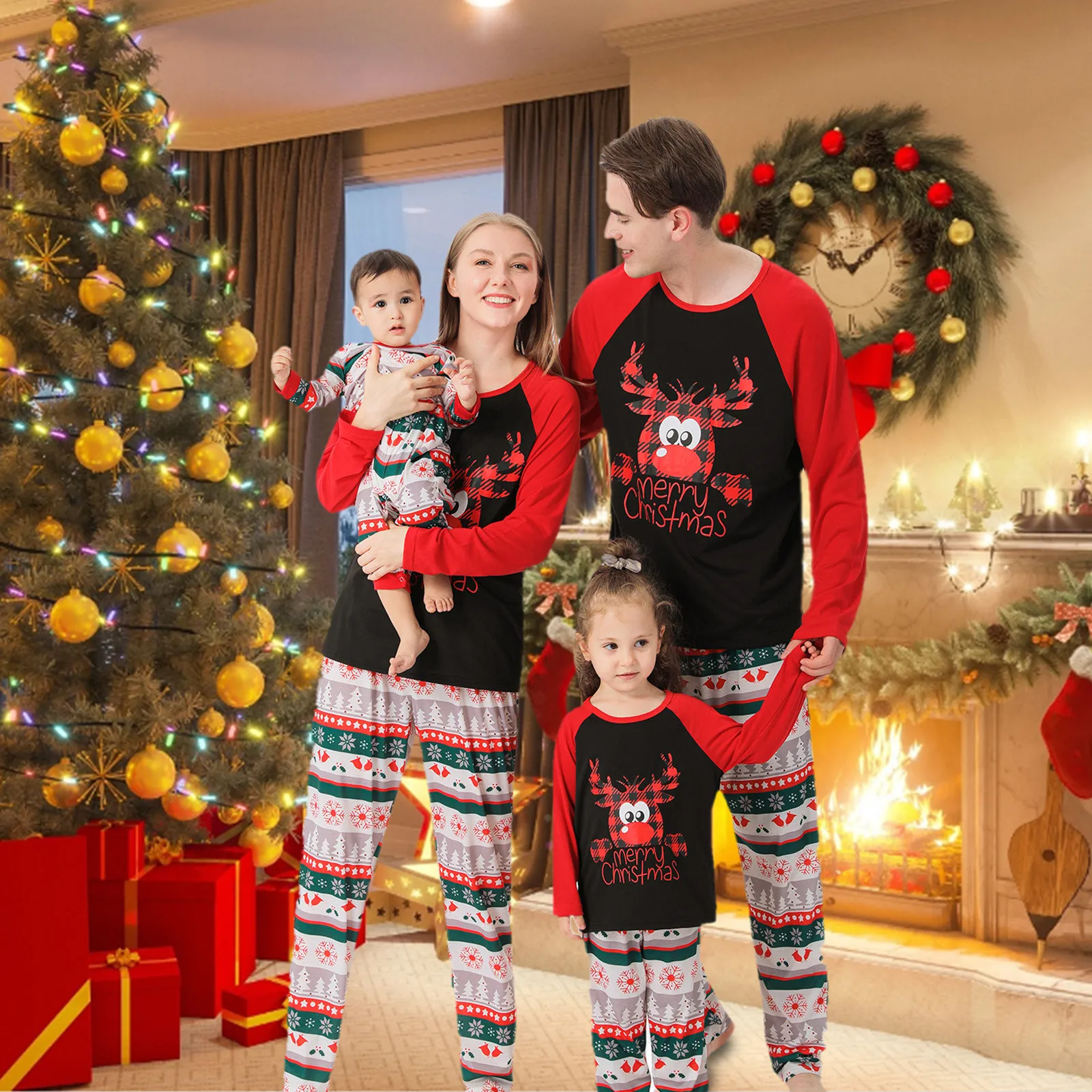 

Christmas Parent-child Outfit Christmas Casual Christmas Print Contrast Color Stitching Two-piece Home Set Roupa Infantil Menina