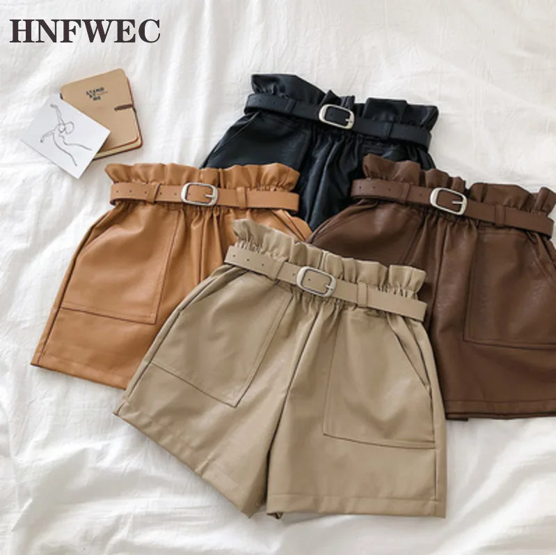 

High Waist PU Leather Shorts Women Cool Punk Sashes Wide leg Shorts Spring Autumn Casual Loose Elastic Waist Leather Shorts L047