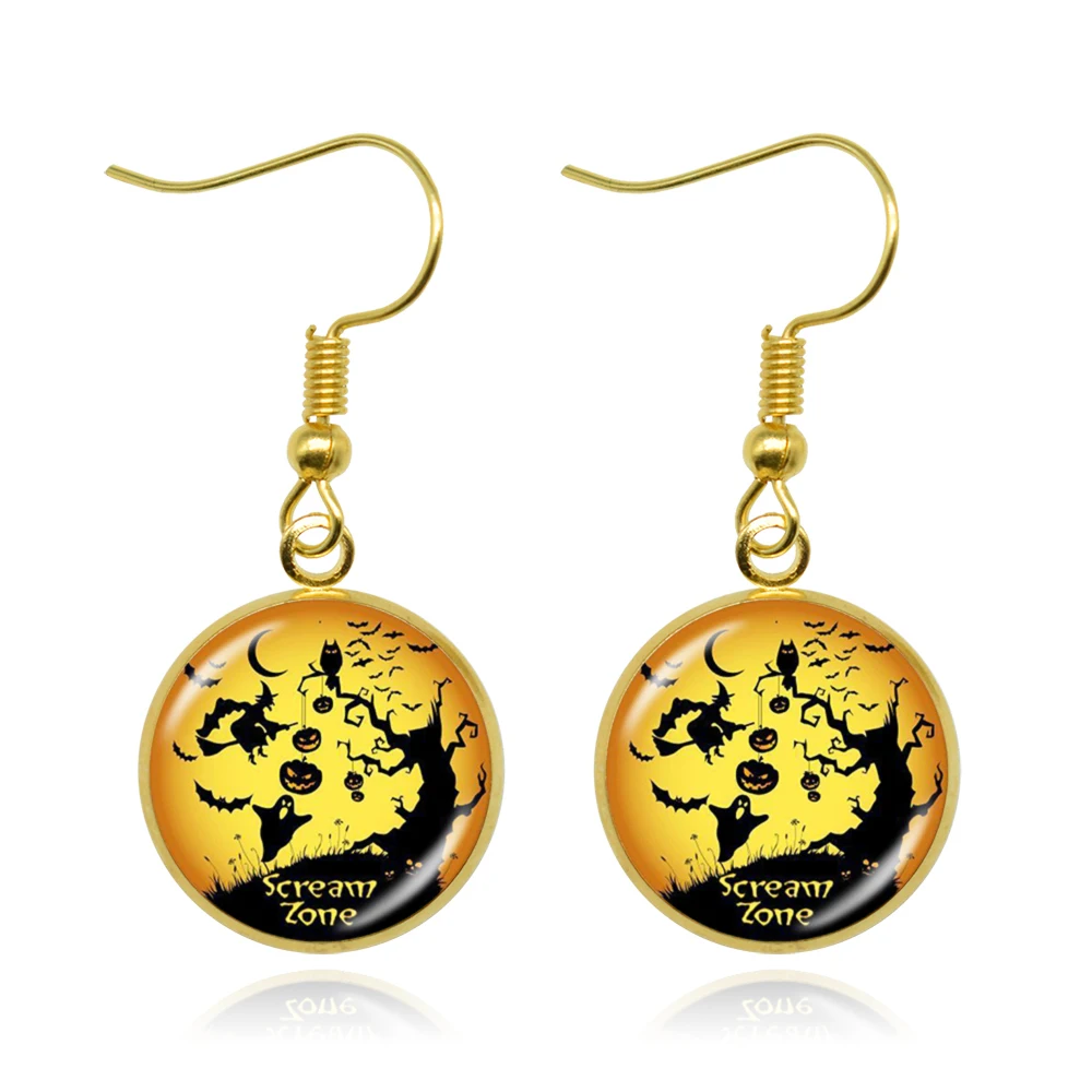 

KARAIRIS Trendy Dangle Earrings Castle Witch and bat Glass Cabochon Eardrop Earrings for Women Halloween Jewelry Gift